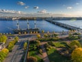 Aerial view of Troitsky Bridge, square, chapel, Solovki stone, crossroad kamenoostrovsky avenue and street of Kuibyshev