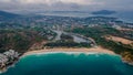 Aerial view of the tropical bay in Thailand. Drone photo. Landscape. Rainy day. Cloudy. Ocean