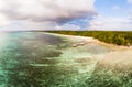 Aerial view tropical beach island reef caribbean sea. Indonesia Moluccas archipelago, Kei Islands, Banda Sea. Top travel