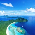 Aerial View of Tropical Borneo Island Bohey Scenic Blue Sea and Sky on Sabah