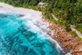 Aerial view of tropical dreamy beach Anse Bazarca, Mahe island, Seychelles. White powdery sand, azure water, lush Royalty Free Stock Photo