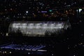 Aerial view of the tropical enclosure at myriad botanical gardens at night with the lights of oklahoma city suburbs beyond Royalty Free Stock Photo