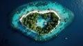 Aerial view of tropical island in the ocean. Inhabited subtropical isle with palm trees and white sand