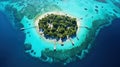 Tropical island in the ocean. Inhabited subtropical isle with palm trees and white sand