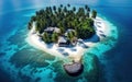 Tropical island in the ocean. Inhabited subtropical isle with palm trees and white sand