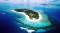 Tropical island in the ocean. Uninhabited subtropical isle with palm trees and white sand