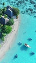 Aerial View of Tropical Island Resort. Ocean turquoise waters, boats, secluded bungalow and palms Royalty Free Stock Photo