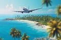 Aerial view of tropical islands and coastline with white passenger airplane Royalty Free Stock Photo