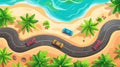 An aerial view of a tropical landscape with sand, mountains, palm trees, and an asphalt highway with vehicles. Modern Royalty Free Stock Photo