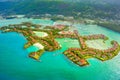 Aerial view of the tropical Mahe Island and beautiful lagoons