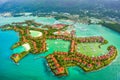 Aerial view of the tropical Mahe Island and beautiful lagoons