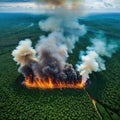 Aerial view of tropical rainforest Illegal fire Burning Environmental ecological