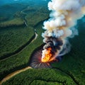 Aerial view of tropical rainforest Illegal fire Burning Environmental ecological