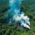 Aerial view of tropical rainforest Illegal fire Burning Environmental ecological