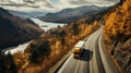 Aerial view of truck on the road in autumn highway Royalty Free Stock Photo