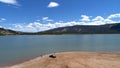 Drone photo of a Colorado mountain lake and beach