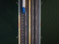 Aerial view of a truck traveling on Throgs Neck Bridge, New York City, at dawn Royalty Free Stock Photo