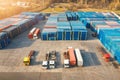 Aerial view of trucks and containers at sunset. Top view Royalty Free Stock Photo