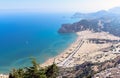 Aerial view on Tsampika sandy beach and lagoon with clear blue water at Rhodes island, Greece. Royalty Free Stock Photo