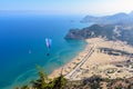 Aerial view on Tsampika sandy beach and lagoon with clear blue water at Rhodes island, Greece. Royalty Free Stock Photo