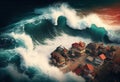 Aerial view of tsunami with a big wave crashing illustration. Ai generative