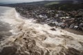 aerial view of tsunami hitting coastal city, with boats and buildings swept away by the rushing water