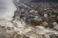 aerial view of tsunami hitting coastal city, with boats and buildings swept away by the rushing water