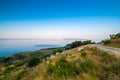 Aerial view of Tucepi town, Croatia. Makarska - Dalmatia region. View of city, sea and isle ind the background. Sunrise time Royalty Free Stock Photo