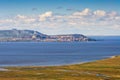 Aerial view of the tundra, estuary and a small northern city