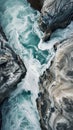 Aerial view of turbulent sea water between rocks