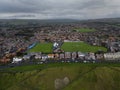 An aerial view of the Turnbull Ground, home of Whitby Town FC and the neighbouring cricket ground in Whitby, North Yorkshire