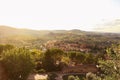 Aerial view of the Tuscan countryside at sunset, from the historic town of San Gimignano, Italy. Royalty Free Stock Photo