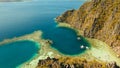 Aerial view Twin lagoon, sea, beach. Tropical island. Busuanga, Palawan, Philippines.