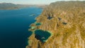 Aerial view Twin lagoon, sea, beach. Tropical island. Busuanga, Palawan, Philippines.