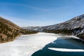 Aerial view of Twin Lakes California covered with snow and ice during winter. Royalty Free Stock Photo