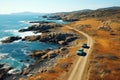 Aerial view of two cars driving on a rugged dirt road alongside the stunning ocean coastline