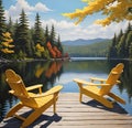 Aerial view of two chairs on a wooden dock by a serene lake on a sunny summer morning.
