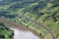 Aerial view two trains along the river Moselle in Germany Royalty Free Stock Photo