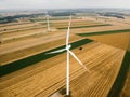 Aerial view of two windmills against cloudy sky Royalty Free Stock Photo