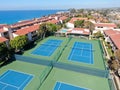 Aerial view of typical south california community condo with tennis court and pool Royalty Free Stock Photo