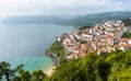 Aerial View Of A Typical Spanish Village With A Beautiful Sandy Beach With Tourquoise Water In Asturias, Spain