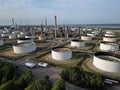 Fawley UK oil refinery storage tanks aerial view Royalty Free Stock Photo