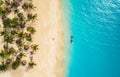 Aerial view of umbrellas, palms on the sandy beach and kayaks