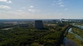 Aerial view unfinished cooling towers fifth and sixth nuclear reactors Chernobyl