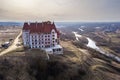 Aerial view of unfinished multistoried residence, hotel or cottage building with stucco wall, cast iron balcony railings, steep Royalty Free Stock Photo