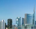 Aerial view of Unicredit Tower, Palazzo Lombardia and Bosco Verticale. Milan, Italy