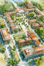 Aerial view of a university campus with buildings, trees, and walkways Royalty Free Stock Photo