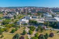 Aerial view of University of Prishtina, National library of Kosovo and unfinished serbian orthodox church of Christ the Saviour in