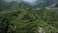 Aerial view of unusual mountain green slope with wavy formations covered by grass and rare trees. Action. Natural