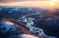 Ariel view of snow covered mountains in a valley Royalty Free Stock Photo